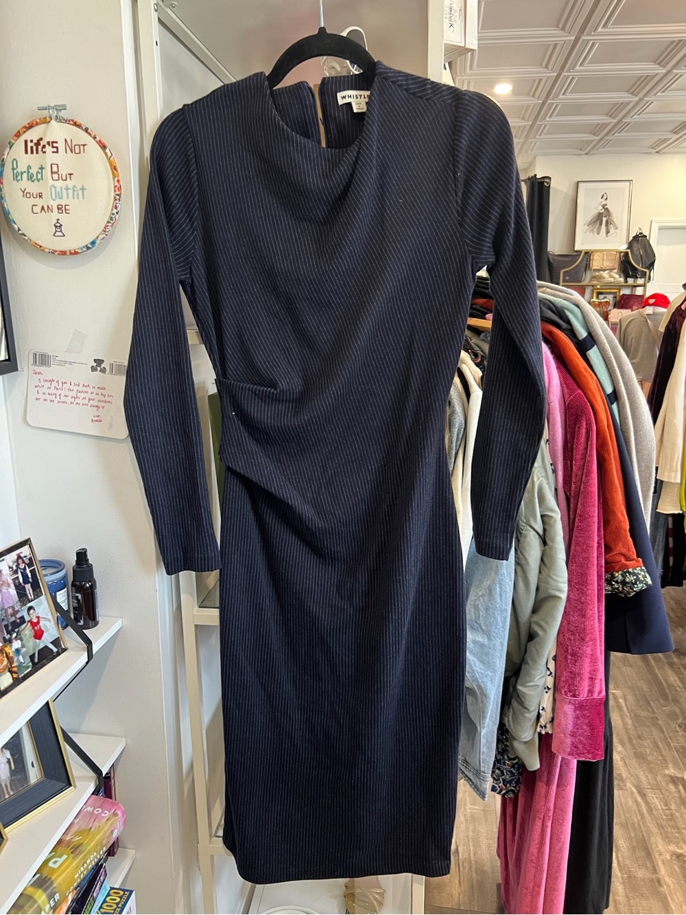 Whistles Navy gray striped Ribbed Long Sleeve Midi Dress